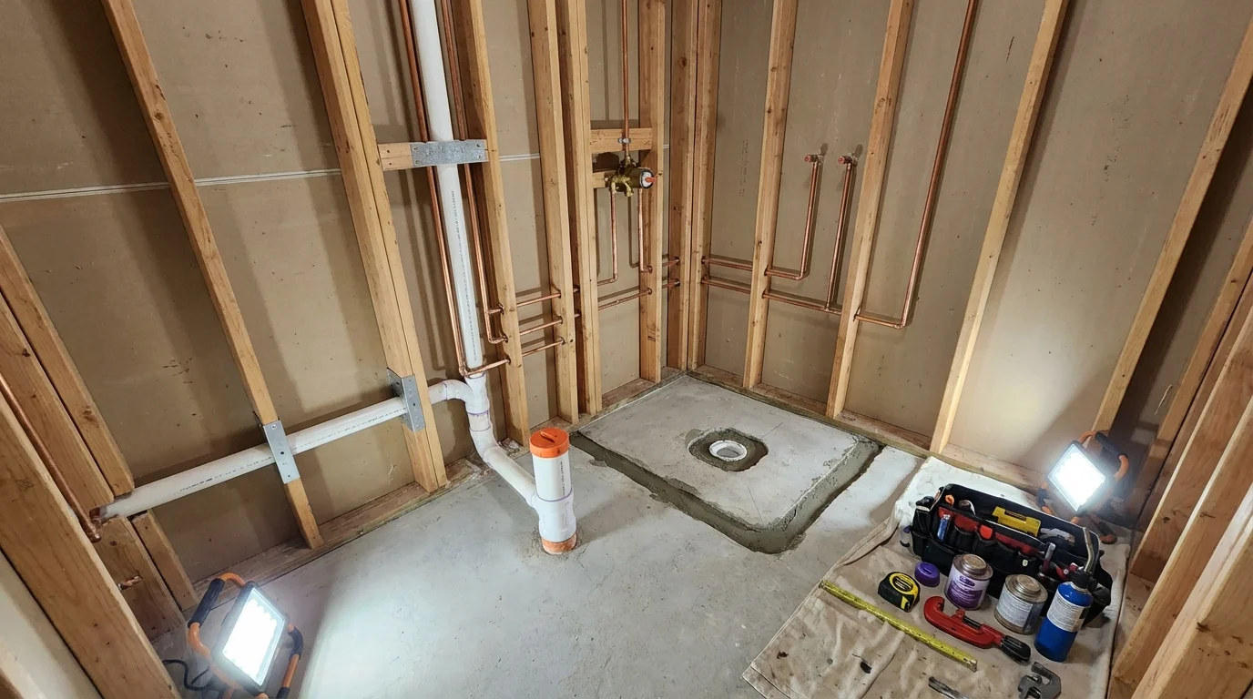 Bathroom rough-in plumbing during remodel by Johns Plumbing LLC in Ripley