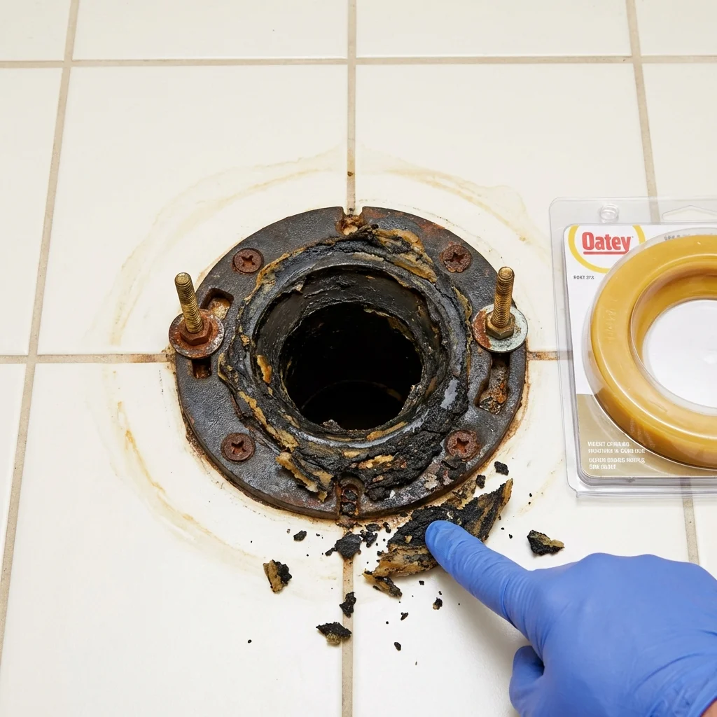 Failed wax ring showing water seepage at the base of a toilet in a Ripley, WV home