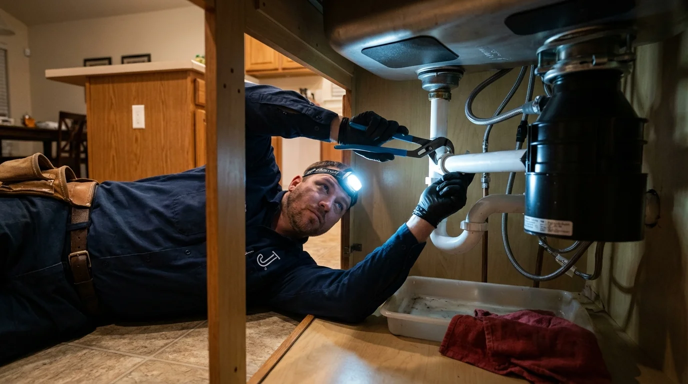 P-trap and supply line connections under a kitchen sink showing a common leak point in Ripley, WV